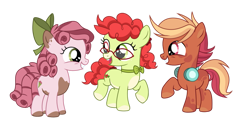 Size: 1271x628 | Tagged: safe, artist:primrosepaper, oc, oc only, oc:combo breaker, oc:rosebud, oc:sour apple tart, earth pony, pony, g4, bow, bucktooth, coat markings, colt, female, filly, foal, glasses, grin, hair bow, headphones, headphones around neck, heterochromia, male, next generation, offspring, pale belly, parent:button mash, parent:pipsqueak, parent:scootaloo, parent:sweetie belle, parents:scootamash, parents:sweetiesqueak, parents:twistbloom, pinto, ribbon, simple background, smiling, transparent background, trio