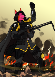 Size: 2392x3344 | Tagged: safe, artist:blackblood-queen, oc, oc only, oc:sugar strike, earth pony, anthro, unguligrade anthro, anthro oc, breasts, clothes, earth pony oc, eyes closed, fire, fist, gun, helldiver, helldivers, helldivers 2, machine gun, raised fist, smiling, solo, weapon