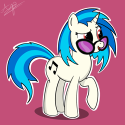 Size: 1200x1200 | Tagged: safe, artist:aldaplayer, dj pon-3, vinyl scratch, pony, unicorn, g4, female, glasses, horn, mare, open mouth, open smile, purple background, raised hoof, red eyes, simple background, smiling, solo
