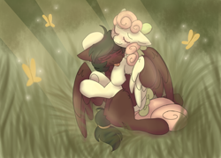 Size: 2800x2000 | Tagged: safe, artist:puppie, oc, oc only, oc:soft sonance, oc:stormchaser, butterfly, pegasus, affection, couple, cuddling, duo, grass, hug, pretty