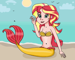 Size: 894x717 | Tagged: safe, artist:ocean lover, sunset shimmer, bird, human, mermaid, seagull, bare shoulders, beach, beautiful, beautisexy, belly button, boat, bra, clothes, cloud, curvy, cute, fins, fish tail, hourglass figure, human coloration, humanized, light skin, lips, long hair, looking at you, mermaid tail, mermaidized, mermay, midriff, ms paint, ocean, outdoors, pretty, sand, seashell, seashell bra, shimmerbetes, sitting, sky, smiling, smiling at you, species swap, sun, tail, tail fin, teal eyes, tropical, underwear, water, wave, waving, waving at you