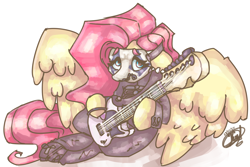 Size: 3600x2400 | Tagged: safe, artist:mannybcadavera, fluttershy, pegasus, pony, g4, electric guitar, face paint, female, floppy ears, guitar, high res, hoof hold, large wings, mare, musical instrument, signature, simple background, sitting, slipknot, solo, white background, wings