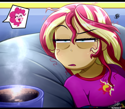 Size: 2334x2034 | Tagged: safe, artist:the-butch-x, pinkie pie, sunset shimmer, human, equestria girls, g4, 2d, annoyed, arms, blanket, breasts, bust, clothes, coffee, coffee cup, collar, cup, curly hair, equestria girls-ified meme, excited, eyebrows, eyes closed, female, happy, indoors, inset, lidded eyes, limmy waking up, long hair, long sleeves, lying down, meme, messy hair, narrowed eyes, open mouth, open smile, pajamas, pillow, ponified meme, raised eyebrow, sleepy, smiling, solo focus, squint, sunset shimmer is not amused, teenager, tired, unamused