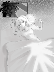 Size: 1080x1440 | Tagged: safe, artist:dash759655, rainbow dash, human, comic:重逢后, g4, bed sheets, female, grayscale, humanized, lying down, monochrome, on back, one eye closed, pillow, sleeping, solo