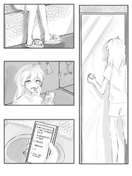Size: 1080x1440 | Tagged: safe, artist:dash759655, rainbow dash, human, comic:重逢后, g4, bathroom, cellphone, clothes, comic, female, grayscale, humanized, monochrome, phone, slippers, smartphone, solo, tank slippers, toothbrush