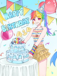 Size: 1080x1440 | Tagged: safe, artist:dash759655, rainbow dash, human, balloon, birthday cake, cake, food, heart, heart balloon, human coloration, humanized
