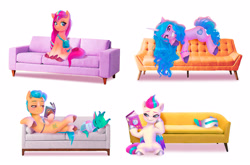 Size: 3670x2420 | Tagged: safe, artist:frank3dz, hitch trailblazer, izzy moonbow, sparky sparkeroni, sunny starscout, zipp storm, dragon, earth pony, pegasus, pony, unicorn, g5, baby, baby dragon, blanket, book, couch, female, grin, high res, hoof hold, horn, lidded eyes, lying down, magnetic hooves, male, mane stripe sunny, mare, prone, rad-visor, reading, reclining, simple background, sleeping, smiling, stallion, sunny's bag, white background