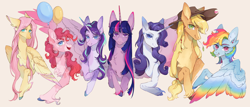 Size: 3638x1559 | Tagged: safe, artist:qpnnn, applejack, fluttershy, pinkie pie, rainbow dash, rarity, starlight glimmer, twilight sparkle, alicorn, earth pony, pegasus, pony, unicorn, alternate design, colored wings, countershading, female, height difference, horn, looking at you, mane six, mare, multicolored wings, rainbow wings, slender, thin, wings
