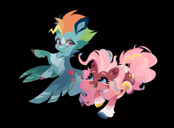 Size: 1471x1080 | Tagged: safe, artist:rr29578979, pinkie pie, rainbow dash, earth pony, pegasus, pony, g4, alternate design, alternate hairstyle, black background, blaze (coat marking), blush lines, blush scribble, blushing, chest fluff, coat markings, colored eyebrows, colored hooves, duo, duo female, ear fluff, ear markings, ear piercing, eyebrow piercing, eyebrow slit, eyebrows, facial markings, feathered fetlocks, female, fetlock tuft, flapping wings, floating heart, flying, happy, heart, heart ears, heart eyes, hooves, looking at each other, looking at someone, mare, multicolored hair, multicolored mane, multicolored tail, muted color, open mouth, open smile, pale belly, piercing, rainbow hair, rainbow tail, raised hoof, raised hooves, running, simple background, smiling, smiling at each other, smirk, socks (coat markings), spread wings, tail, wingding eyes, wings, wings down