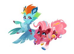 Size: 1471x1080 | Tagged: safe, artist:rr29578979, pinkie pie, rainbow dash, earth pony, pegasus, pony, g4, blushing, duo, duo female, eyebrow slit, eyebrows, female, flapping wings, heart, heart eyes, looking at each other, looking at someone, mare, open mouth, open smile, simple background, smiling, smiling at each other, smirk, white background, wingding eyes, wings