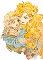 Size: 2061x2891 | Tagged: safe, artist:guotanbiantai, applejack, pear butter, human, g4, braid, braided ponytail, clothes, cute, cutie mark on clothes, duo, female, flower, flower in hair, hug, humanized, mother and child, mother and daughter, ponytail, simple background, traditional art, watercolor painting, white background, younger