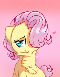 Size: 919x1165 | Tagged: safe, artist:flutterbug18, fluttershy, pegasus, pony, alternate hairstyle, cute, female, floppy ears, gradient background, hair over one eye, heart, lidded eyes, mare, short mane, shyabetes, smiling, solo, wing hands, wings