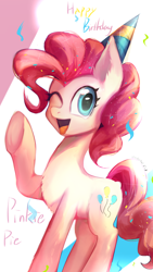 Size: 1080x1920 | Tagged: safe, artist:unclechai, pinkie pie, birthday, cute, hat, party hat, raised hoof, simple background