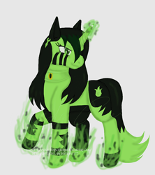 Size: 800x900 | Tagged: safe, artist:berserkeroo, pony, unicorn, female, glowing, glowing horn, horn, kim possible, magic, magic aura, mare, ponified, raised hoof, shego, simple background, smiling, solo, white background