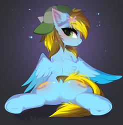 Size: 3498x3536 | Tagged: safe, artist:empress-twilight, oc, oc only, oc:lucky bolt, pegasus, pony, backwards ballcap, baseball cap, blushing, both cutie marks, bow, butt, cap, colored wings, dock, ear fluff, featureless crotch, female, female oc, hair bow, hat, high res, looking at you, looking back, lying down, mare, mare oc, pegasus oc, plot, pony oc, smiling, smiling at you, solo, stretching, tail, tomboy, two toned wings, underhoof, wings