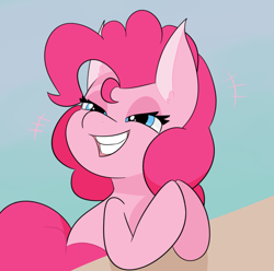 Size: 2428x2404 | Tagged: safe, artist:tkshoelace, pinkie pie, earth pony, pony, grin, hooves together, simple background, smiling, solo