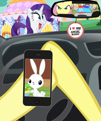 Size: 850x1024 | Tagged: safe, artist:anonymous, angel bunny, fluttershy, rarity, pony, g4, air freshener, car, carousel boutique, cellphone, driving, iphone, meme, offscreen character, phone, police car, ponified meme, pov, smartphone, vector