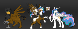 Size: 6905x2567 | Tagged: safe, artist:maximumeevee, princess celestia, oc, alicorn, griffon, pony, absurd resolution, character to character, cutie mark, griffon oc, pictogram, rearing, simple background, spread wings, transformation, transformation sequence, wings