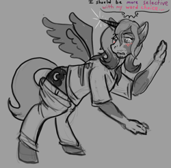Size: 1192x1175 | Tagged: safe, artist:maximumeevee, princess luna, alicorn, human, pony, blushing, clothes, dialogue, human to pony, male to female, pants, rule 63, s1 luna, sketch, transformation, transgender transformation