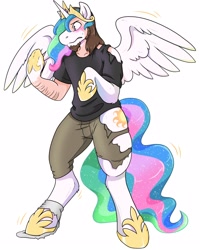 Size: 2000x2500 | Tagged: safe, artist:warlockmaru, princess celestia, alicorn, human, pony, clothes, frown, high res, human to pony, looking at self, ripping clothes, simple background, transformation, white background