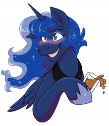 Size: 2360x2732 | Tagged: safe, artist:warlockmaru, princess luna, alicorn, pony, blushing, bust, drink, drunk, female, glass, high res, hoof hold, mare, one ear down, open mouth, simple background, smiling, solo, white background