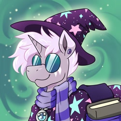 Size: 1500x1500 | Tagged: safe, artist:warlockmaru, oc, oc only, oc:maru, pony, unicorn, abstract background, bag, book, clothes, ear piercing, glasses, hat, horn, piercing, robe, round glasses, saddle bag, scarf, smiling, solo, striped scarf, wizard, wizard hat