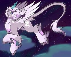 Size: 2500x2000 | Tagged: safe, artist:warlockmaru, oc, oc only, oc:maru, alicorn, pony, alicorn oc, alicornified, facial hair, flying, glasses, glowing, glowing horn, goatee, high res, horn, leonine tail, night, race swap, raised hoof, round glasses, smiling, solo, tail, turned head, unshorn fetlocks, wings