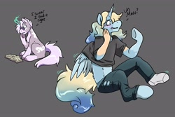 Size: 3000x2000 | Tagged: safe, artist:warlockmaru, oc, oc only, oc:maru, oc:rosa, alicorn, human, pony, book, clothes, dialogue, duo, glowing, glowing horn, gray background, high res, horn, human to pony, ripping clothes, simple background, sitting, spell, transformation, wings under clothes