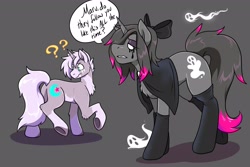 Size: 3000x2000 | Tagged: safe, artist:warlockmaru, oc, oc only, oc:maru, ghost, pony, undead, unicorn, bow, cape, clothes, cutie mark swap, duo, gray background, high res, horn, looking at something, makeup, question mark, running makeup, simple background, socks, speech bubble