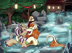 Size: 2710x2000 | Tagged: safe, artist:warlockmaru, autumn blaze, oc, oc:lotus cinder, kirin, fanfic:words of power, blushing, duo, eyes closed, fanfic art, forest, high res, hot springs, hug, nature, one eye closed, open mouth, open smile, smiling, tree, water