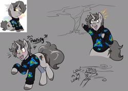 Size: 2101x1507 | Tagged: safe, artist:warlockmaru, oc, oc only, oc:supercell, pony, unicorn, blushing, clothes, dialogue, excited, gray background, horn, simple background, solo, storm chasing, sweater, tornado, unicorn oc, wind