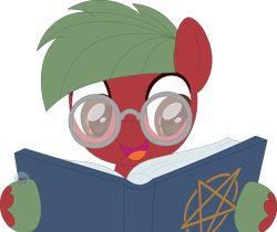 Size: 1678x1409 | Tagged: safe, artist:pure-blue-heart, oc, oc only, oc:comic book, earth pony, book, brown eyes, earth pony oc, glasses, green hair, male, open book, open mouth, pentagram, reading, red coat, simple background, stallion, stallion oc, transparent background, unshorn fetlocks, watermark