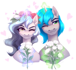 Size: 2010x1839 | Tagged: safe, artist:sparkling_light, oc, pony, unicorn, bust, duo, flower, horn, magic, rose