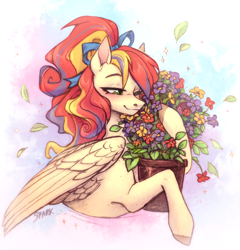 Size: 1010x1052 | Tagged: safe, artist:sparkling_light, oc, oc only, pegasus, pony, abstract background, female, flower, flower pot, mare, mixed media, one eye closed, pegasus oc, solo
