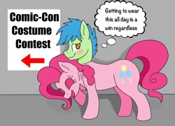Size: 1240x894 | Tagged: safe, artist:blackcat9119, pinkie pie, oc, unnamed oc, earth pony, pony, g4, blushing, clothes, comic con, convention, costume, dialogue, disguise, earth pony oc, fursuit, impersonating, male, mask, masking, ponysuit, poster, quadsuit, shadow, sign, simple background, skinsuit, smiling, solo, solo male, suit, suit up, thought bubble, unmasked