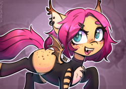 Size: 1415x1000 | Tagged: safe, artist:sparkling_light, oc, oc only, bat pony, chest fluff, collar, ear piercing, earring, female, freckles, human shoulders, jewelry, npn (nightmare pony night), piercing, solo, spiked collar