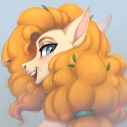 Size: 670x670 | Tagged: safe, artist:sparkling_light, pear butter, earth pony, pony, g4, blushing, bust, female, freckles, leaves, leaves in hair, mare, solo