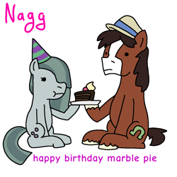 Size: 1024x1024 | Tagged: safe, artist:naggfruit, marble pie, trouble shoes, pony, g4, cake, comic sans, crack shipping, dot eyes, duo, female, food, hat, larger male, male, marbleshoes, party hat, shipping, simple background, size difference, smaller female, straight, white background