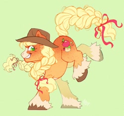 Size: 1024x961 | Tagged: safe, artist:catmintyt, applejack, earth pony, pony, g4, alternate design, applejack's hat, braid, braided tail, cowboy hat, green background, grin, hat, simple background, smiling, solo, tail, unshorn fetlocks