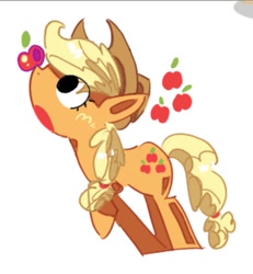 Size: 1245x1350 | Tagged: safe, artist:appledash3r_, applejack, earth pony, pony, g4, apple, applejack's hat, balancing, balancing on nose, big eyes, blonde mane, blonde tail, blush scribble, blushing, colored pinnae, cowboy hat, cute, eye clipping through hair, eyelashes, female, food, freckles, hat, jackabetes, mare, no catchlights, open mouth, ponytail, profile, raised hoof, requested art, simple background, solo, standing, tail, tied mane, tied tail, white background, wide eyes