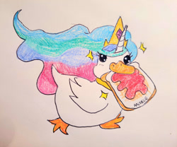 Size: 2078x1730 | Tagged: safe, artist:anykoe, princess celestia, bird, duck, duck pony, hybrid, g4, bread, colored sketch, crown, cute, ducklestia, food, horn, jam, jewelry, multicolored hair, photography, pony hybrid, regalia, signature, simple background, sketch, sparkles, toast, traditional art, white background