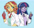 Size: 3000x2500 | Tagged: safe, artist:sophiasucksatlife, sunset shimmer, twilight sparkle, human, equestria girls, g4, alternate hairstyle, blue background, clothes, coat, duo, ear piercing, earring, female, glasses, gloves, jewelry, lab coat, lesbian, necktie, piercing, science, ship:sunsetsparkle, shipping, shirt, simple background, sweater vest, test tube, vest