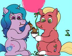 Size: 2575x1990 | Tagged: safe, artist:puffydearlysmith, izzy moonbow, sprout cloverleaf, earth pony, pony, unicorn, g5, balloon, belly button, blue background, chubby, cupcake, eating, female, food, headcanon in the description, horn, male, mare, ship:izzysprout, shipping, simple background, sprout blubberleaf, stallion, straight, unshorn fetlocks