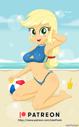 Size: 606x970 | Tagged: safe, artist:jakepixels, applejack, human, equestria girls, g4, arm behind head, beach, beach ball, belly button, bikini, bikini bottom, blushing, boob window, breasts, clothes, freckles, kneeling, looking at you, open mouth, open smile, smiling, swimsuit