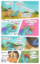 Size: 2006x3137 | Tagged: safe, artist:seventozen, applejack, rainbow dash, pony, comic:the problem of parthus, eyebrows, freckles, hat, outdoors