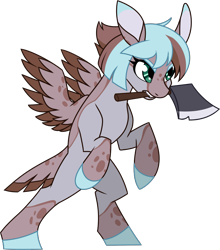 Size: 1945x2211 | Tagged: safe, artist:thescornfulreptilian, oc, oc:dusty, pegasus, pony, axe, mouth hold, open mouth, simple background, solo, transparent background, weapon
