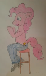 Size: 1744x2868 | Tagged: safe, artist:bronytwin02, pinkie pie, earth pony, human, pony, chair, clothes, denim, floppy ears, human to pony, jeans, open mouth, pants, sitting, traditional art, transformation
