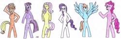Size: 5880x1920 | Tagged: safe, artist:ratekku, applejack, fluttershy, pinkie pie, rainbow dash, rarity, twilight sparkle, anthro, unguligrade anthro, breasts, female, high res, human to anthro, mane six, simple background, smiling, traditional art, transformation, transformation sequence, white background