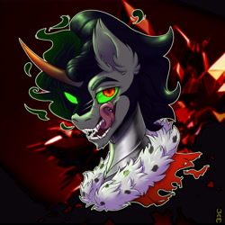 Size: 8000x8000 | Tagged: safe, artist:whatamellon, king sombra, original species, pony, umbra pony, unicorn, g4, armor, beard, black mane, blurry background, bust, clothes, colored eyebrows, colored horn, crystal, crystal empire, ear fluff, ears up, ethereal mane, facial hair, fangs, fur, gradient horn, green sclera, helmet, horn, long tongue, male, mantle, open mouth, paint tool sai 2, portrait, red eyes, shading, sideburns, slit pupils, solo, stallion, teeth, tongue out, torn clothes