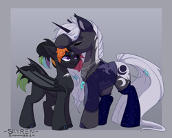 Size: 2500x2000 | Tagged: safe, artist:skyboundsiren, oc, oc:nacht, oc:penumbra, bat pony, unicorn, commission, forehead kiss, horn, kissing, size difference, smiling, wholesome